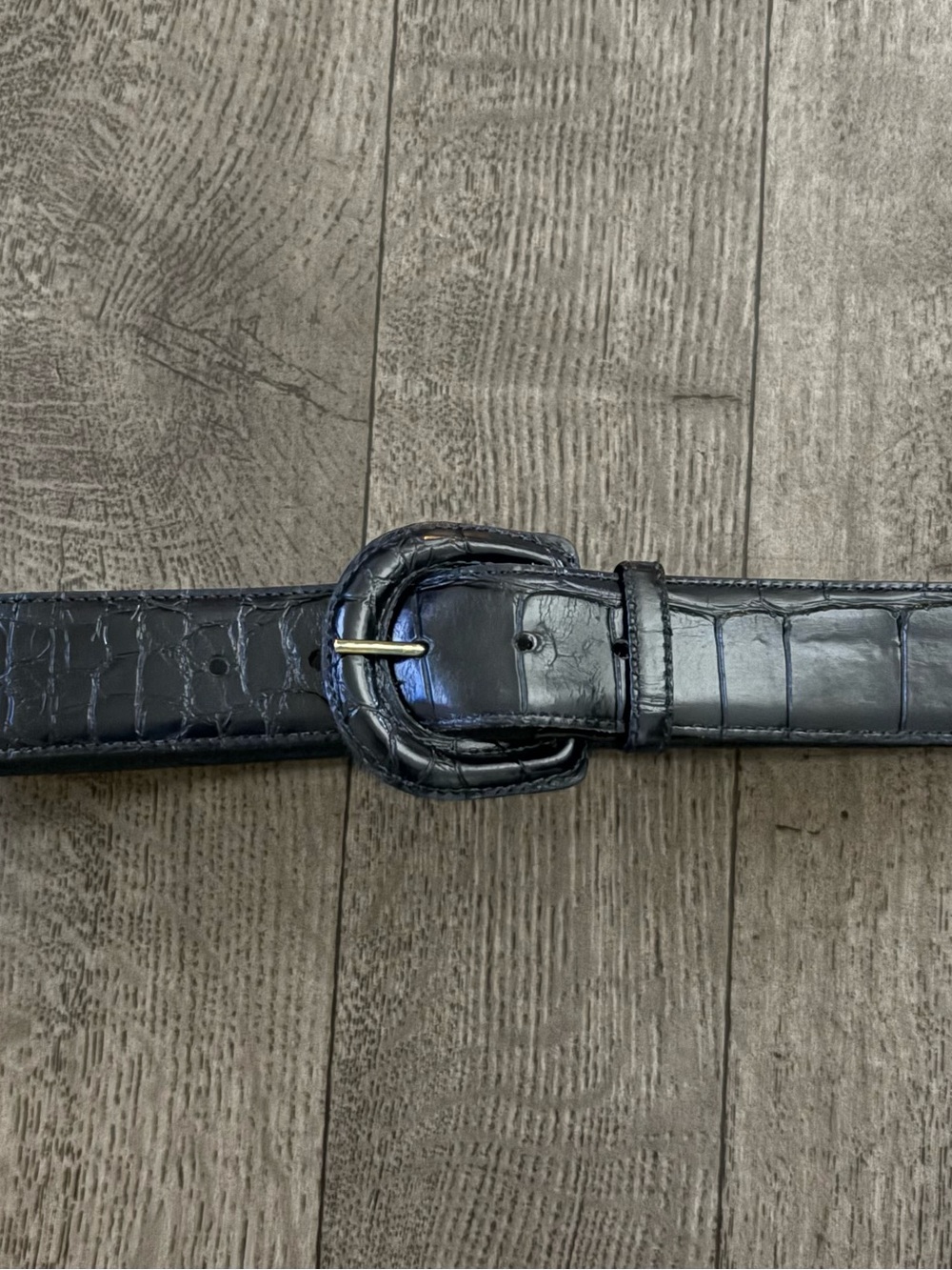 Women’s Navy Blue Croc-Embossed Leather Belt with Round Buckle